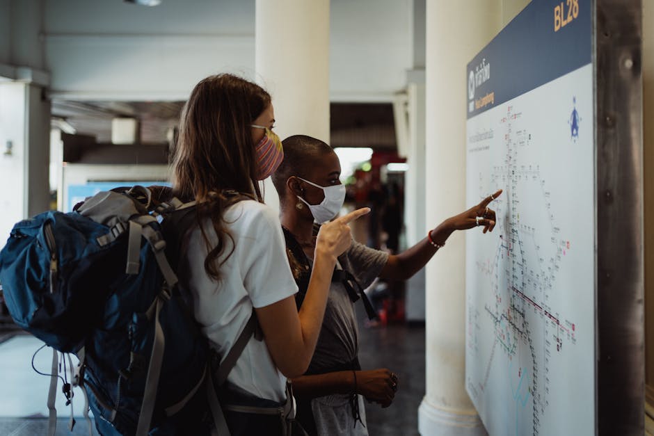 backpack travelers looking map