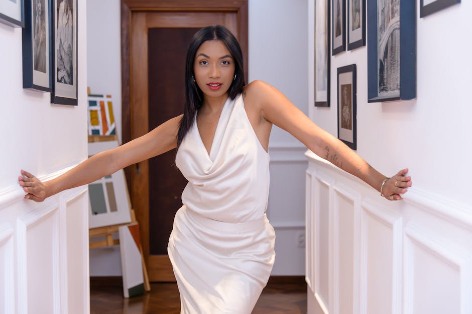 brazilian woman in elegant neutral outfit