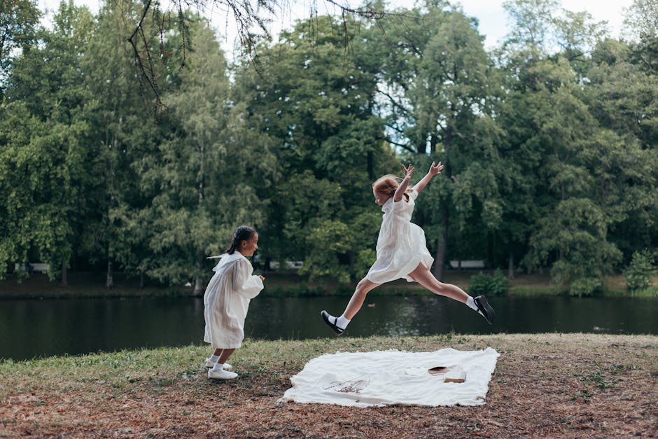 children playing by lake