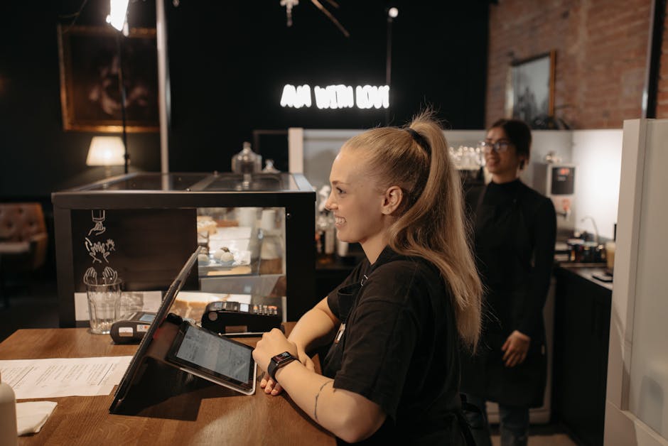 Customer service chatbot on tablet, smiling customer