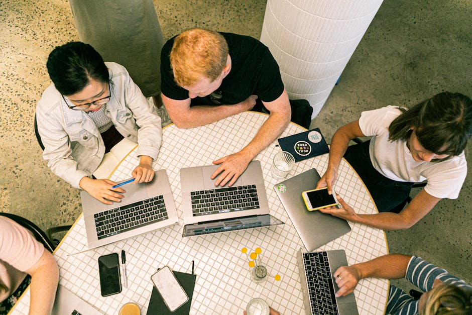digital marketing team collaborating with AI tools in modern office
