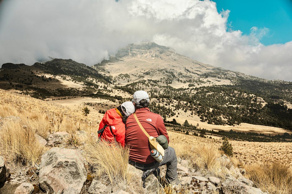 family hiking in mountains