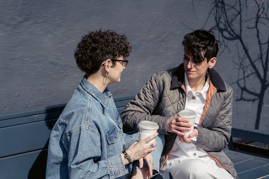 friends enjoying coffee in modern urban setting stylish casual