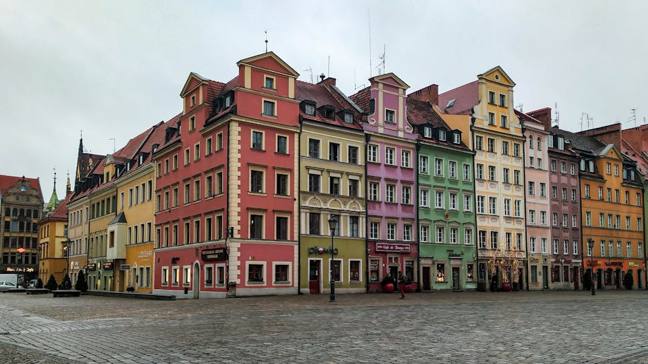 Historic Polish city market square with old buildings