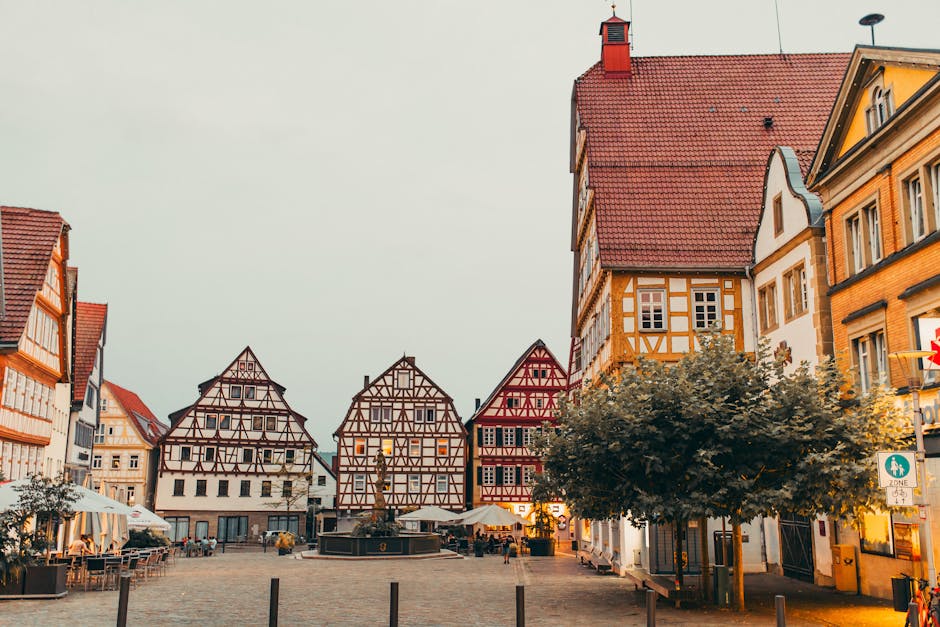 historic town square with half-timbered houses