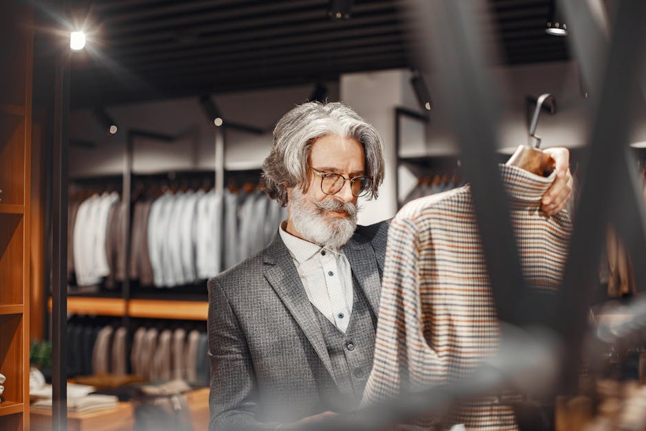man trying on clothes in vintage shop