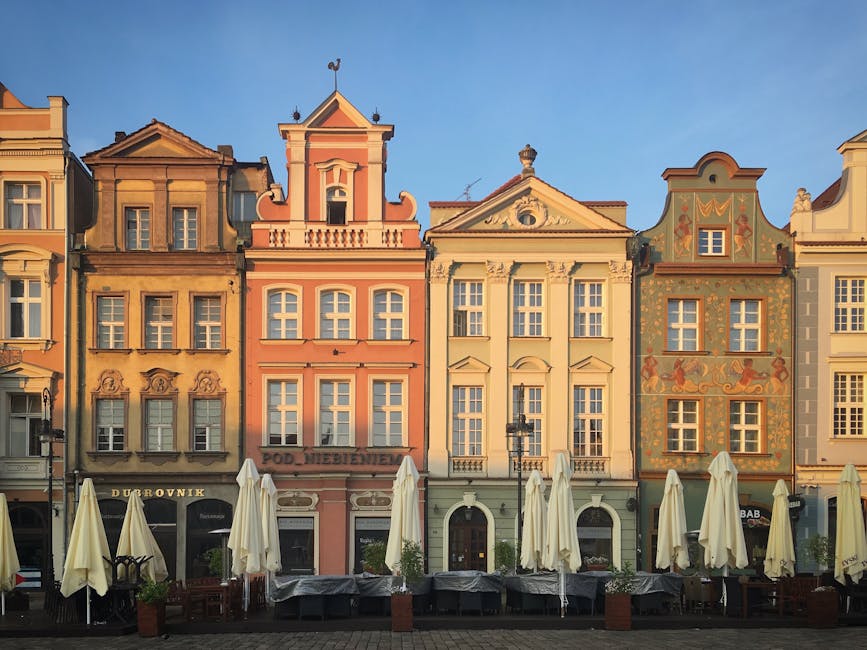 old polish town square at sunset