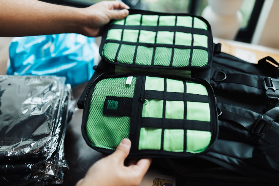 organized packing cubes inside open travel backpack