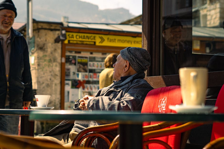 solo traveler enjoying coffee outdoor cafe