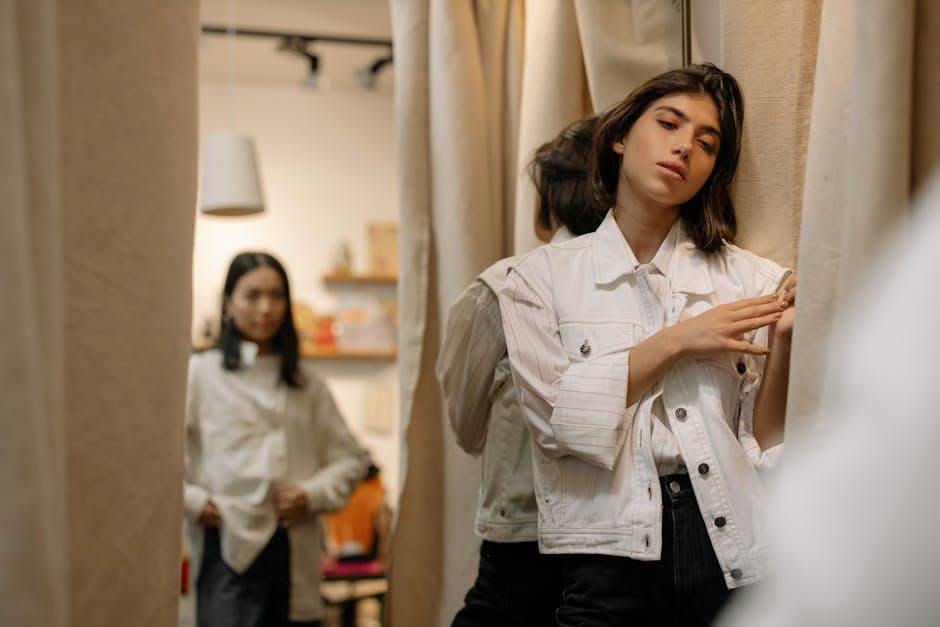 woman trying clothes thrift store